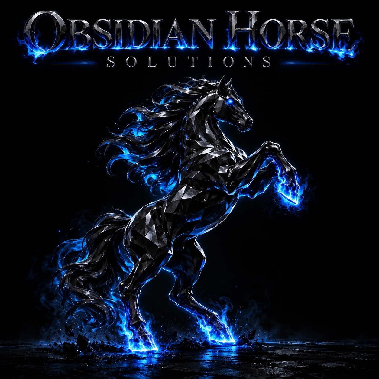 Obsidian Horse Solutions logo: a rearing obsidian stallion surrounded by electric blue flames